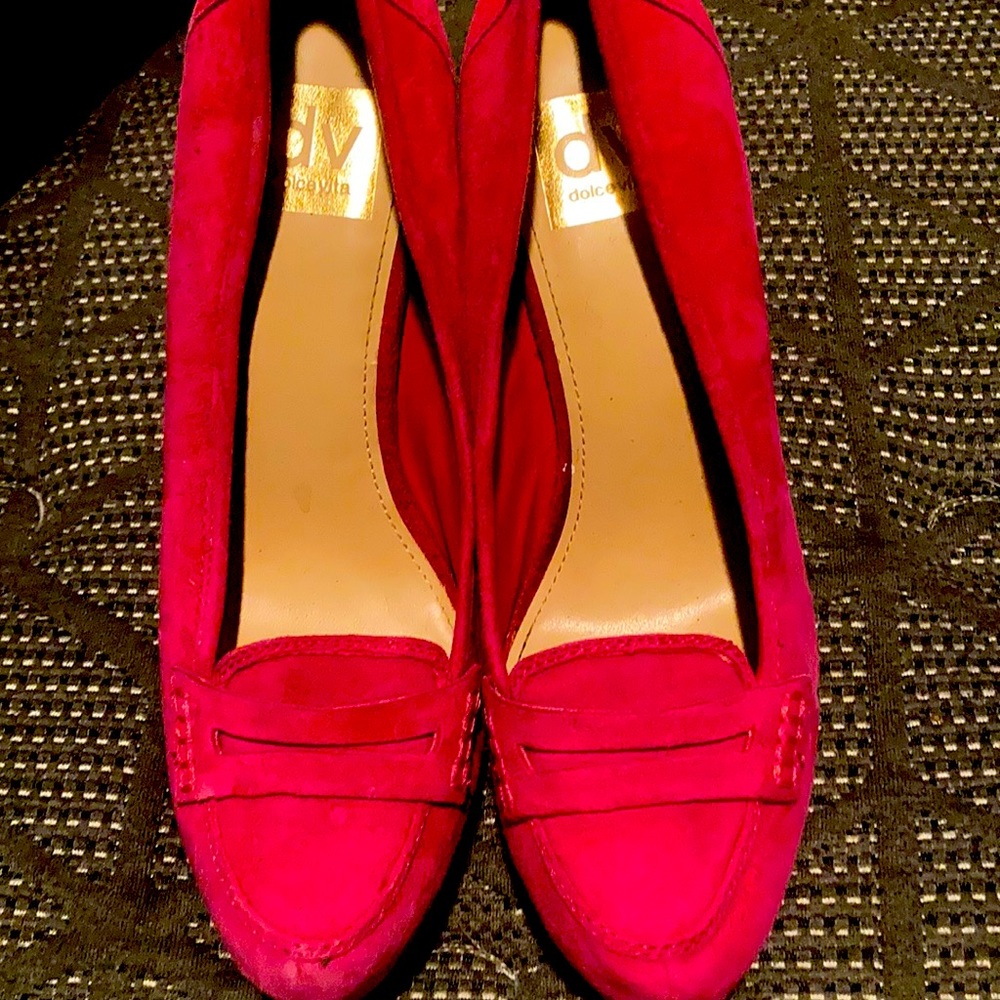 Pink heeled suede penny loafers